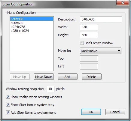 Sizer Configuration Dialog