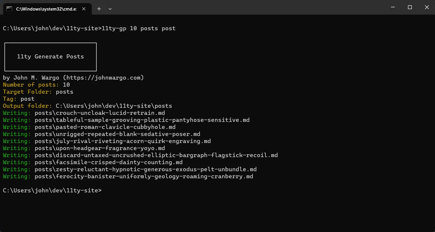 Eleventy Generate Posts Command in Action
