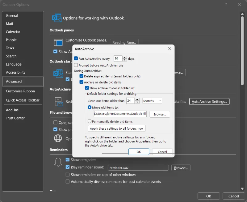 Outlook Archive Settings