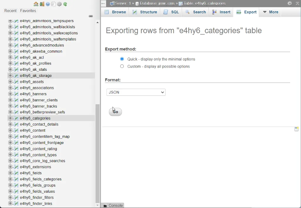 MySQL Table Export Page