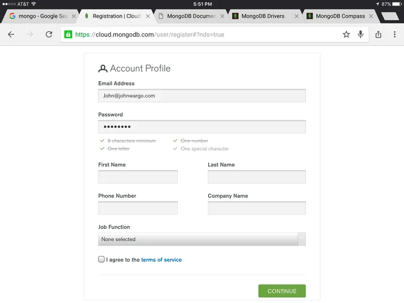 MongoDB Cloud Registration Form