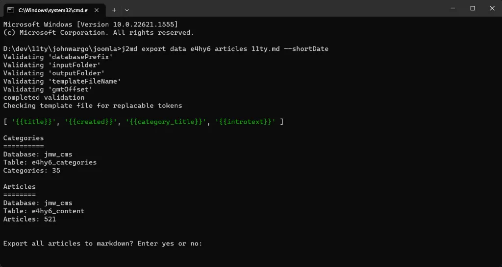 Joomla to Markdown Configuration Confirmation